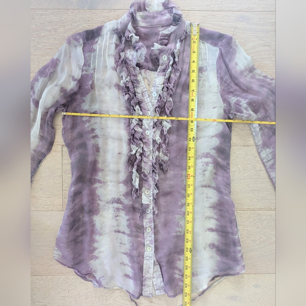DA-NANG Silk Long Sleeve Tie Dye Blouse with Ruffle Front, Purple/Light Grey;SzM - Picture 9 of 10